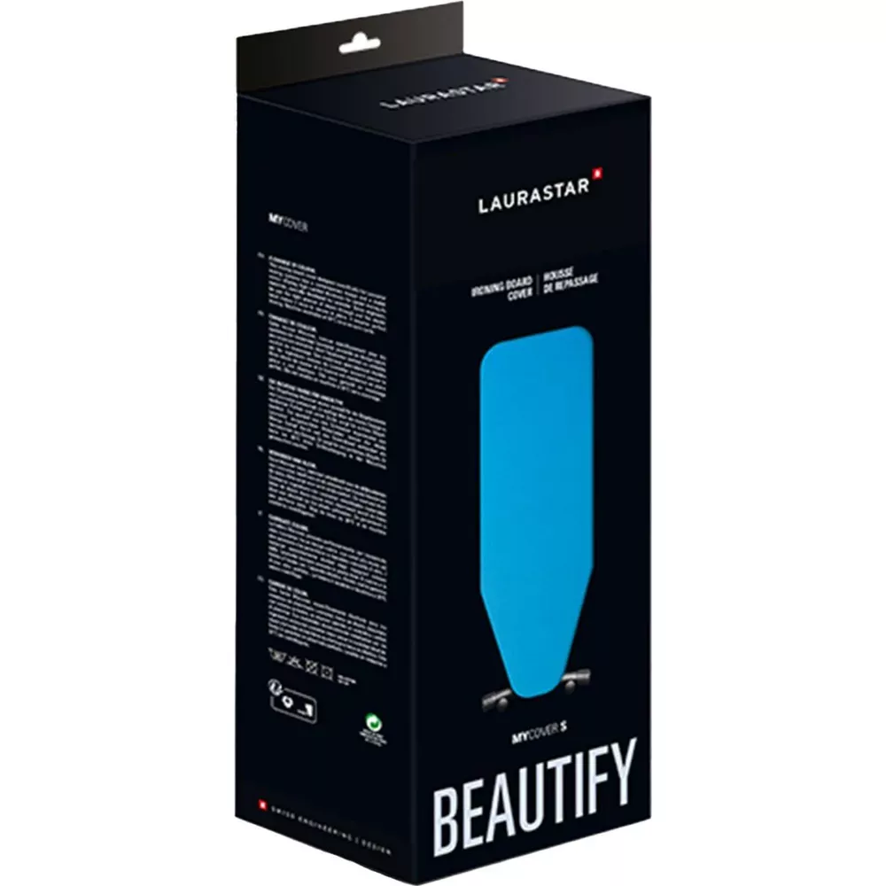 Ciemnoniebieskie opakowanie z niebieską okładką deski do prasowania z przodu.