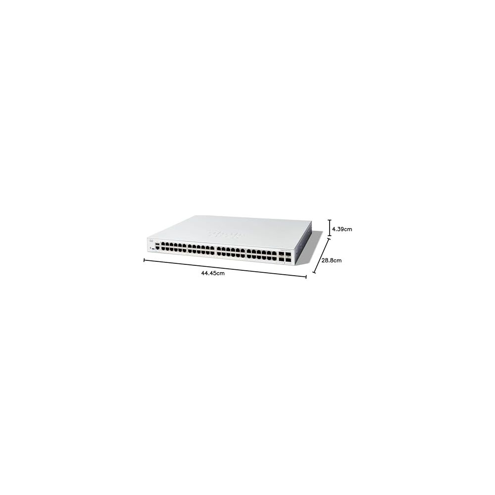 Uno switch di rete bianco con molte porte, misura 44,45cm x 28,8cm x 4,39cm.