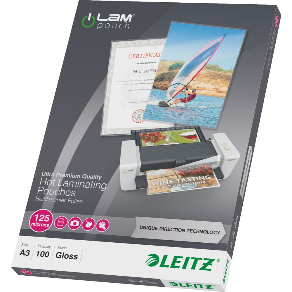 Leitz A3 Heißlaminierfolien-Verpackung mit Bildern eines Laminators, eines Zertifikats und Windsurfen.