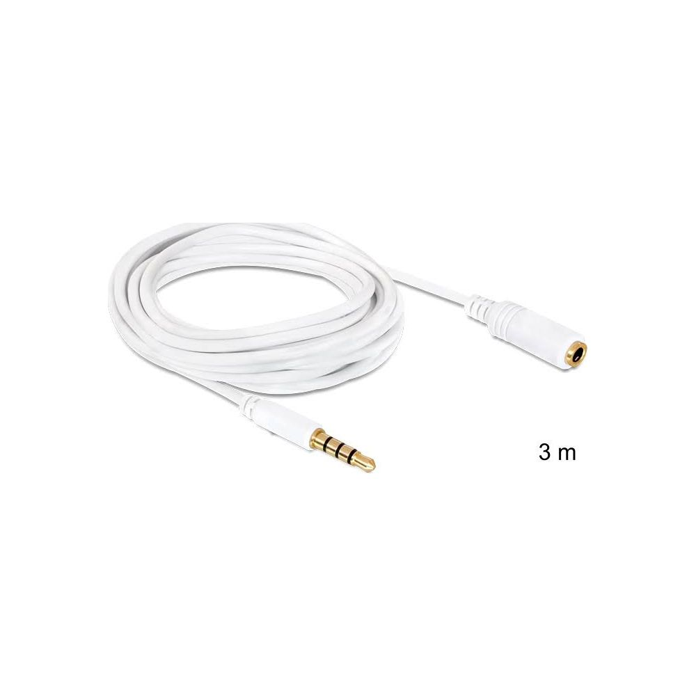 Un cavo audio bianco da 3m con connettori jack 3,5mm placcati oro, uno maschio e uno femmina.
