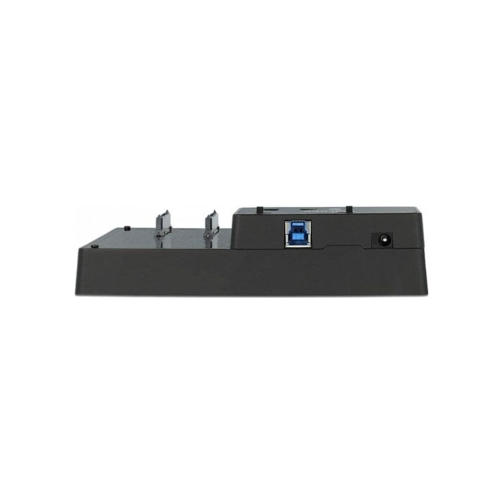 Schwarzer USB-Dockingstation mit Anschlüssen und Stromanschluss.