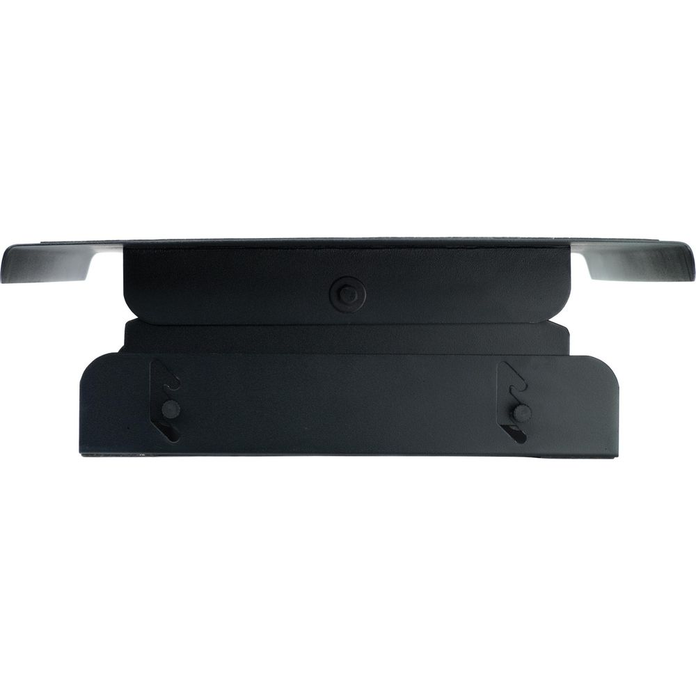 A black metal bracket with two screw holes and a circular indentation.