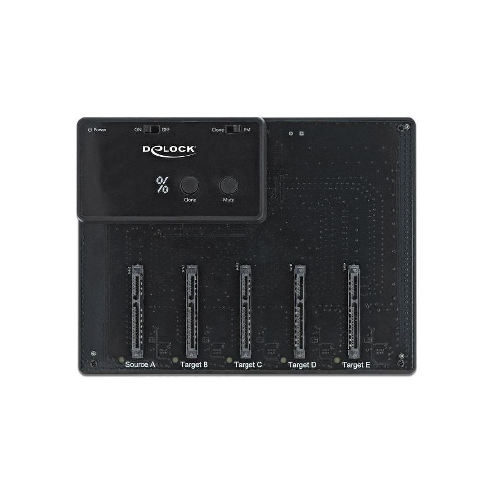 Schwarzer 5-Slot-Duplikator mit Bedienelementen und Beschriftungen für Quelle und Ziele.