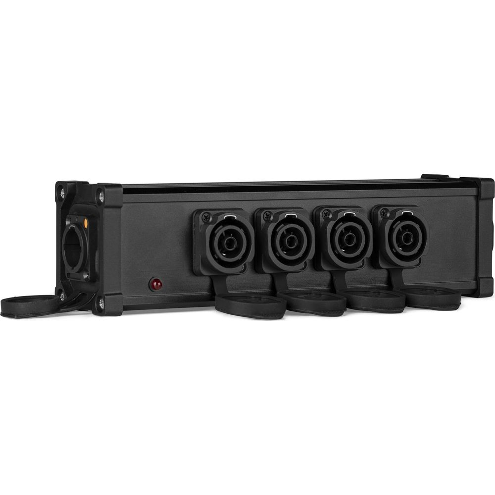 Carcasa negra con cuatro conectores XLR y un conector individual.