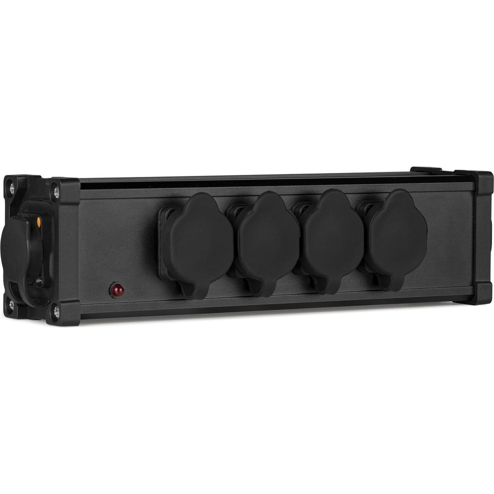Una caja de distribución de energía negra con cuatro enchufes y un interruptor.