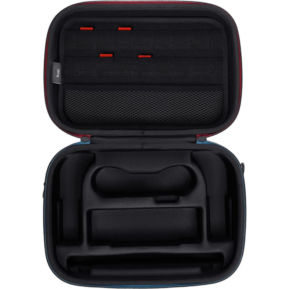 Zwarte hardcase met rode rits, open, met zwarte interieurvulling.