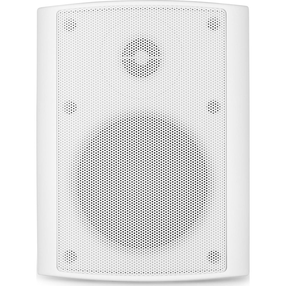 Un altavoz blanco con un woofer redondo grande y un tweeter más pequeño en su rejilla.