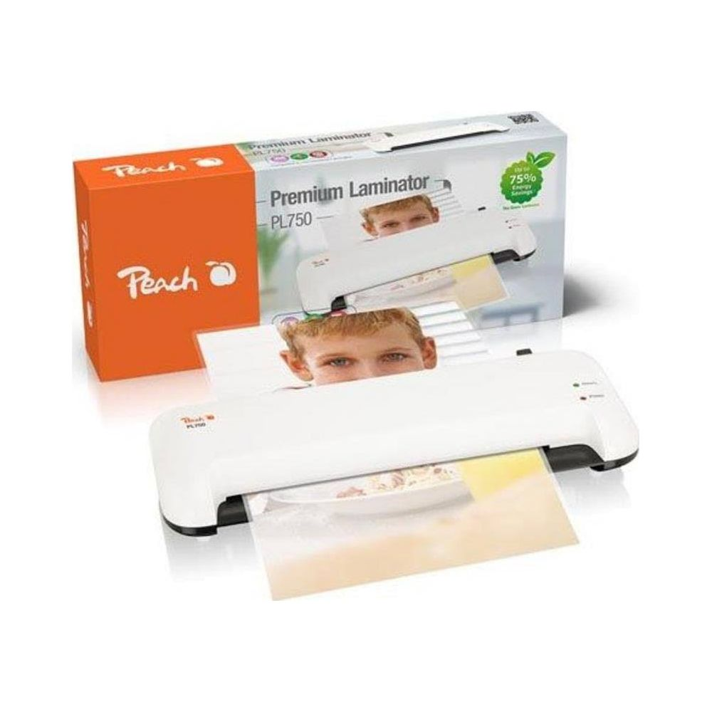 Ein weißer Laminator mit orangefarbener Peach-Box und Bildern von Jungen.