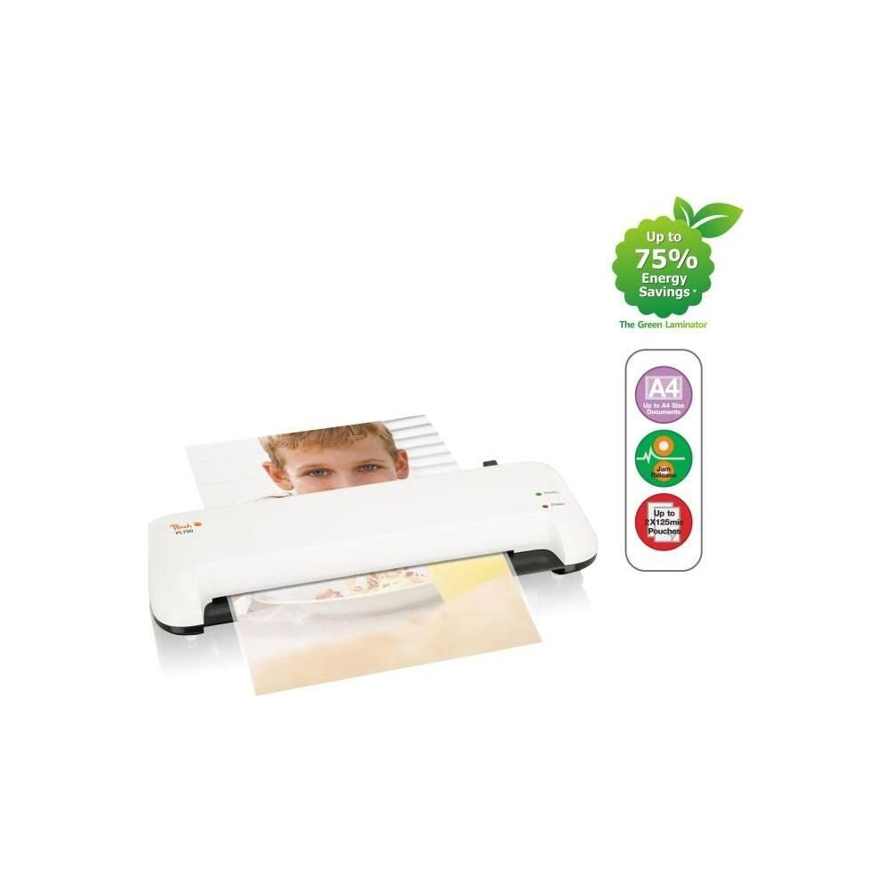 Ein weißer Laminator verarbeitet ein Foto eines Jungen und ein Dokument. Energiesparsymbol.