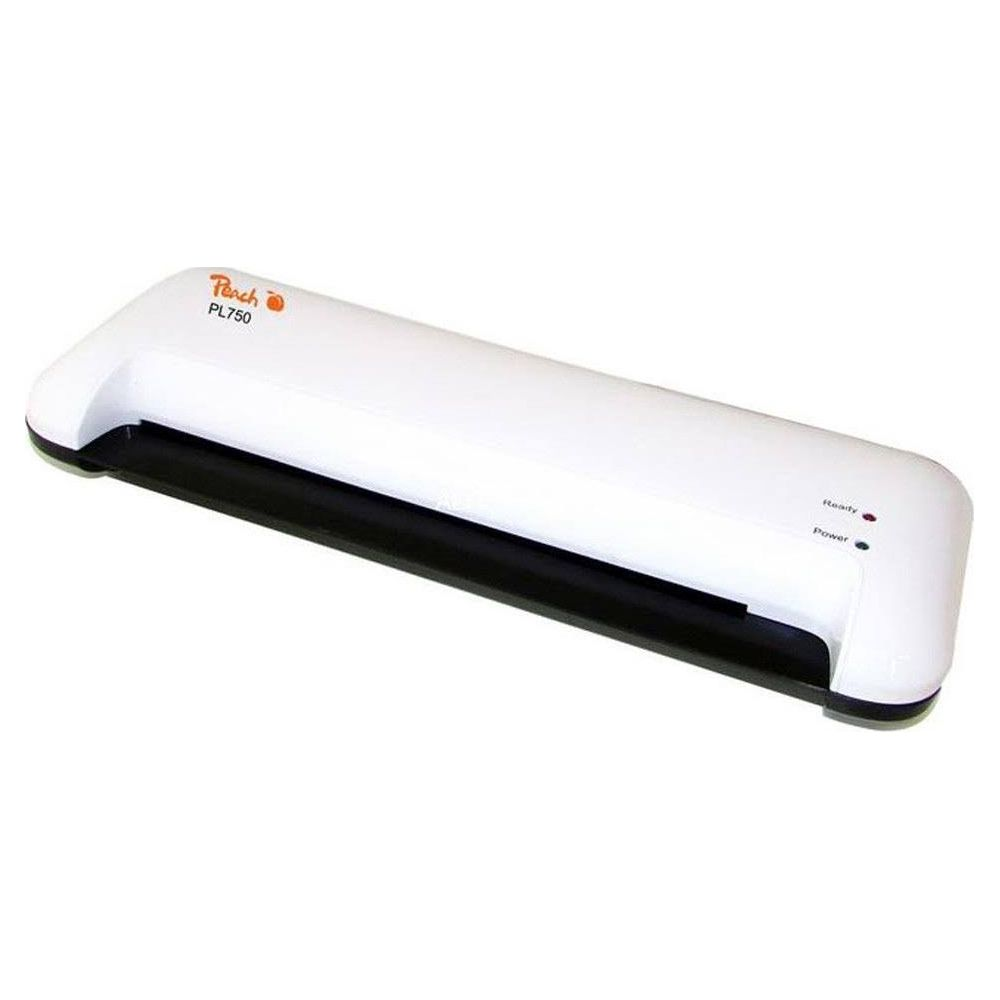 Weißer Peach PL750 Laminator mit Power- und Bereitschaftsanzeige.