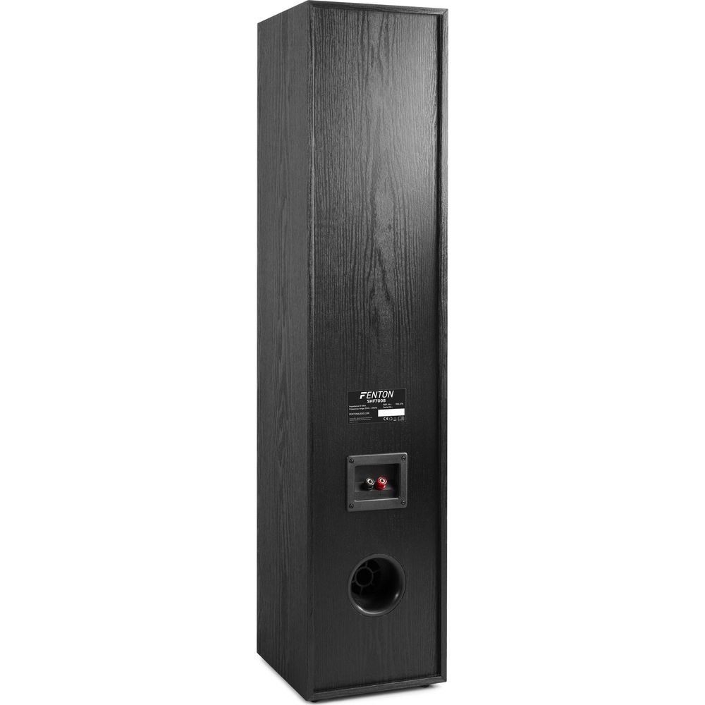 Altavoz negro con logo "FENTON" y conexiones traseras.