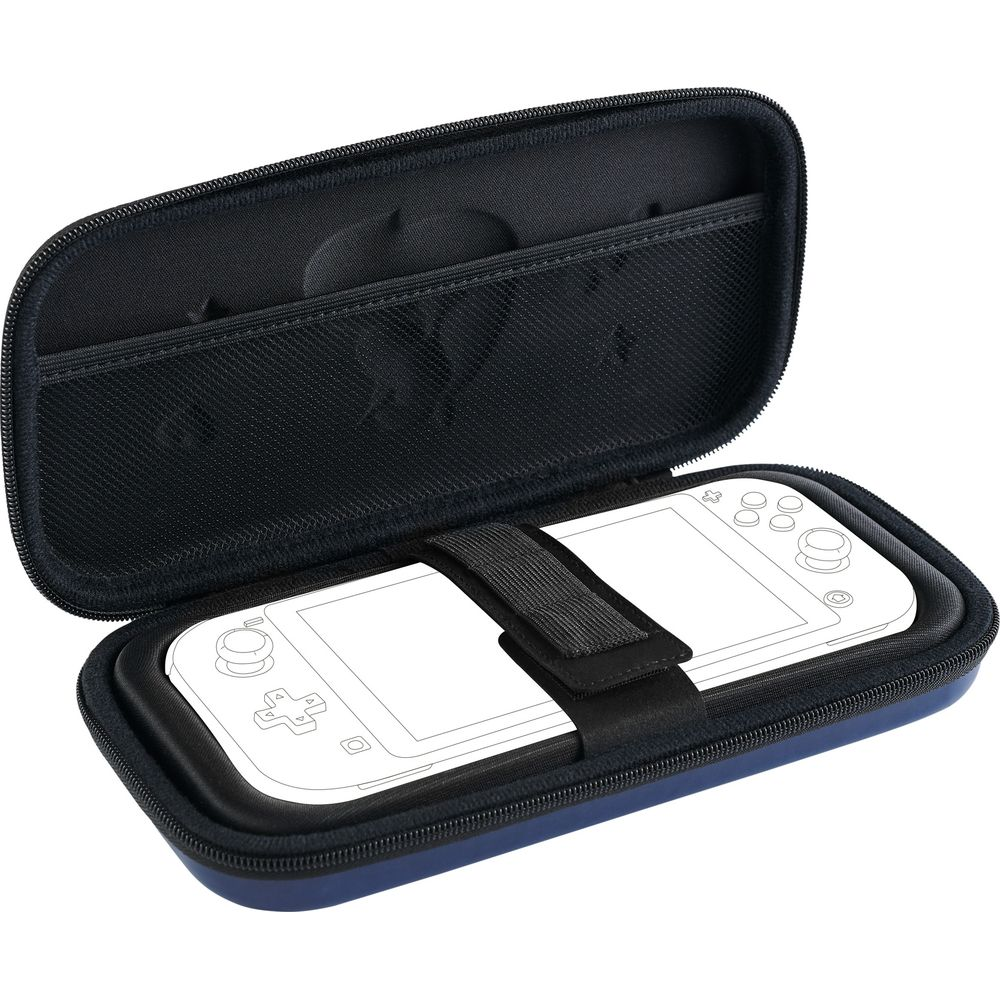 Funda azul oscuro para consola de juegos con bolsillo de malla negro y correa.