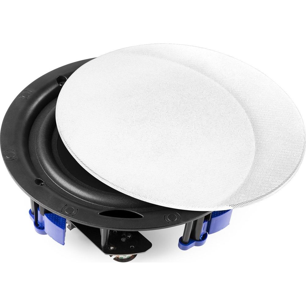 Altavoz negro redondo con dos rejillas blancas y soporte de montaje azul.