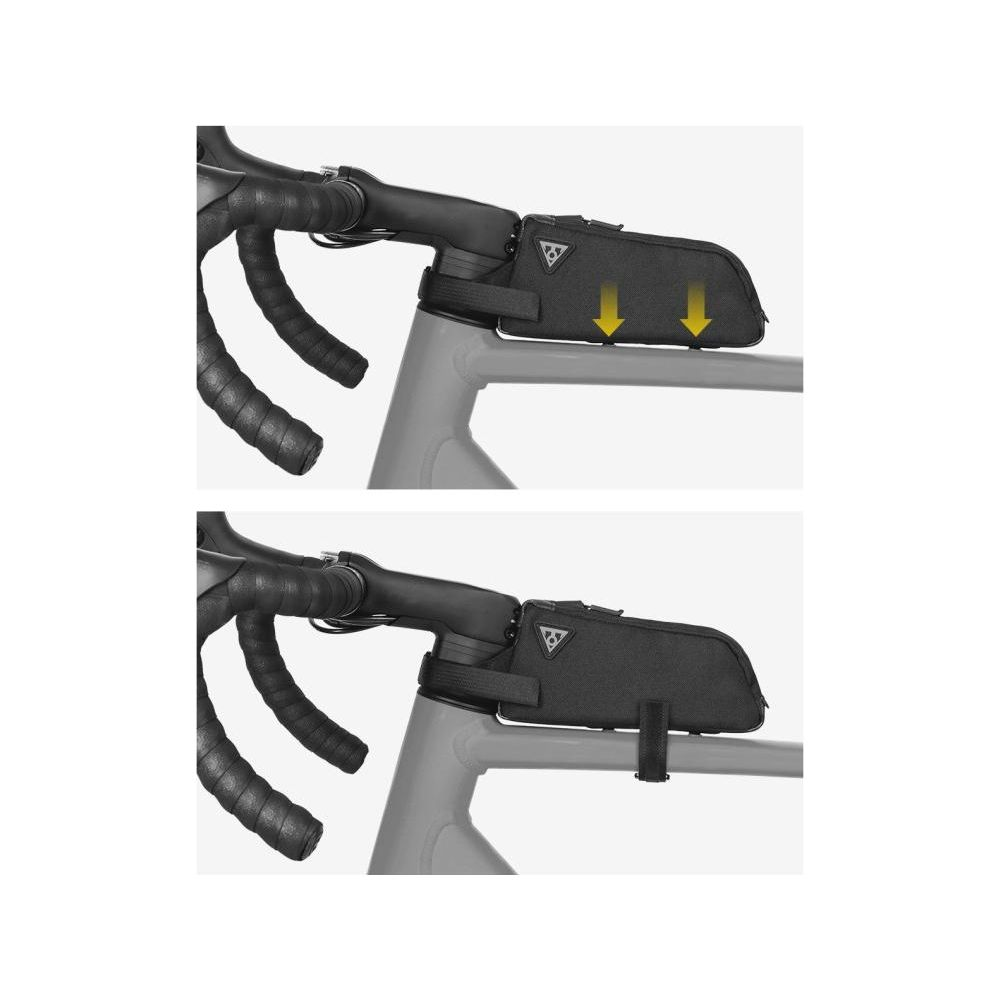 Czarna torba na kierownicę rowerową przymocowana do rury górnej. Dwa obrazy pokazują montaż.