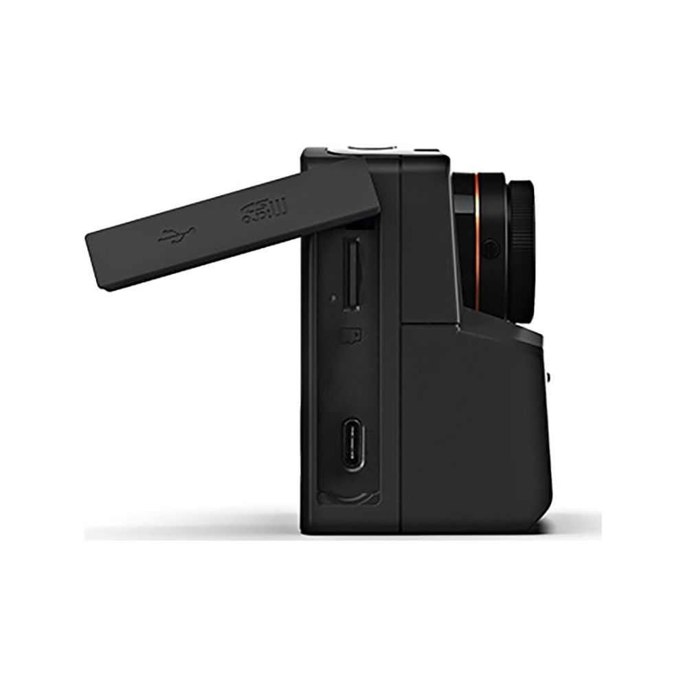 Cámara negra con tapa abierta que revela un puerto USB y ranura SD.