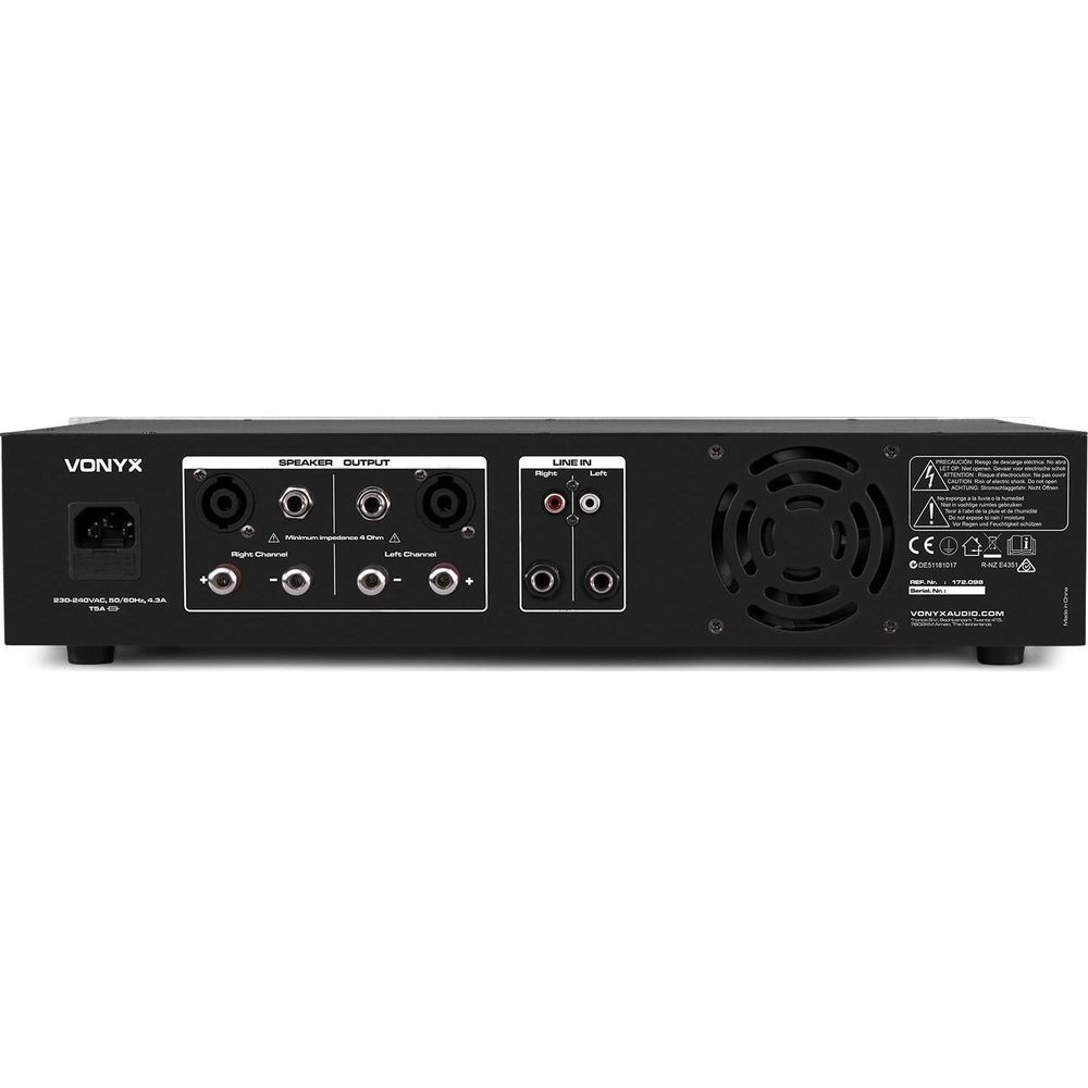Retro di un amplificatore VONYX con uscite per altoparlanti e ingressi di linea.
