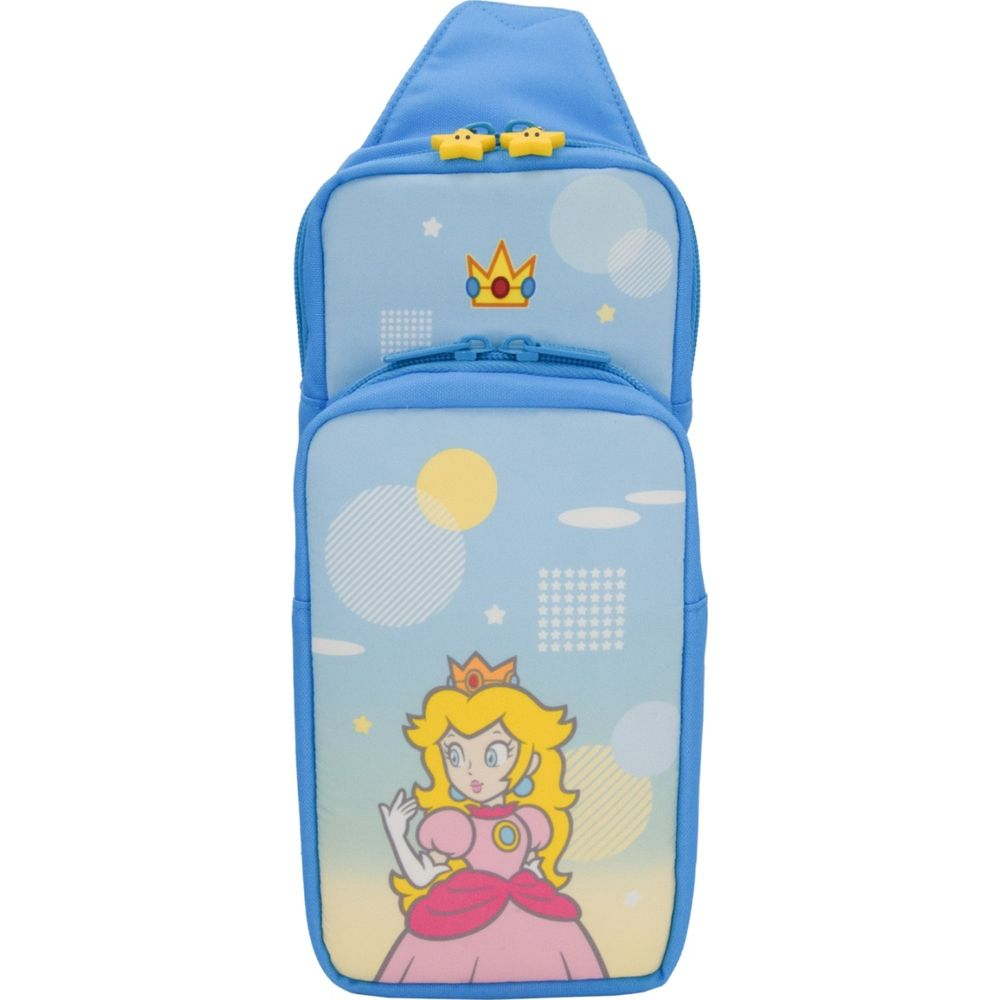 Blauer Rucksack mit Prinzessin Peach und Krönchen-Motiv. Sternen und Kreisen.