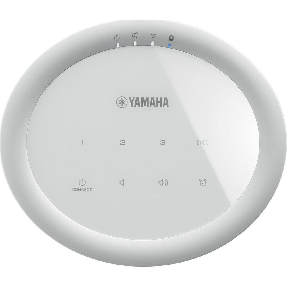 Biały głośnik Yamaha z panelami dotykowymi: zasilanie, głośność, odtwarzanie/pauza i ustawienia 1, 2, 3.
