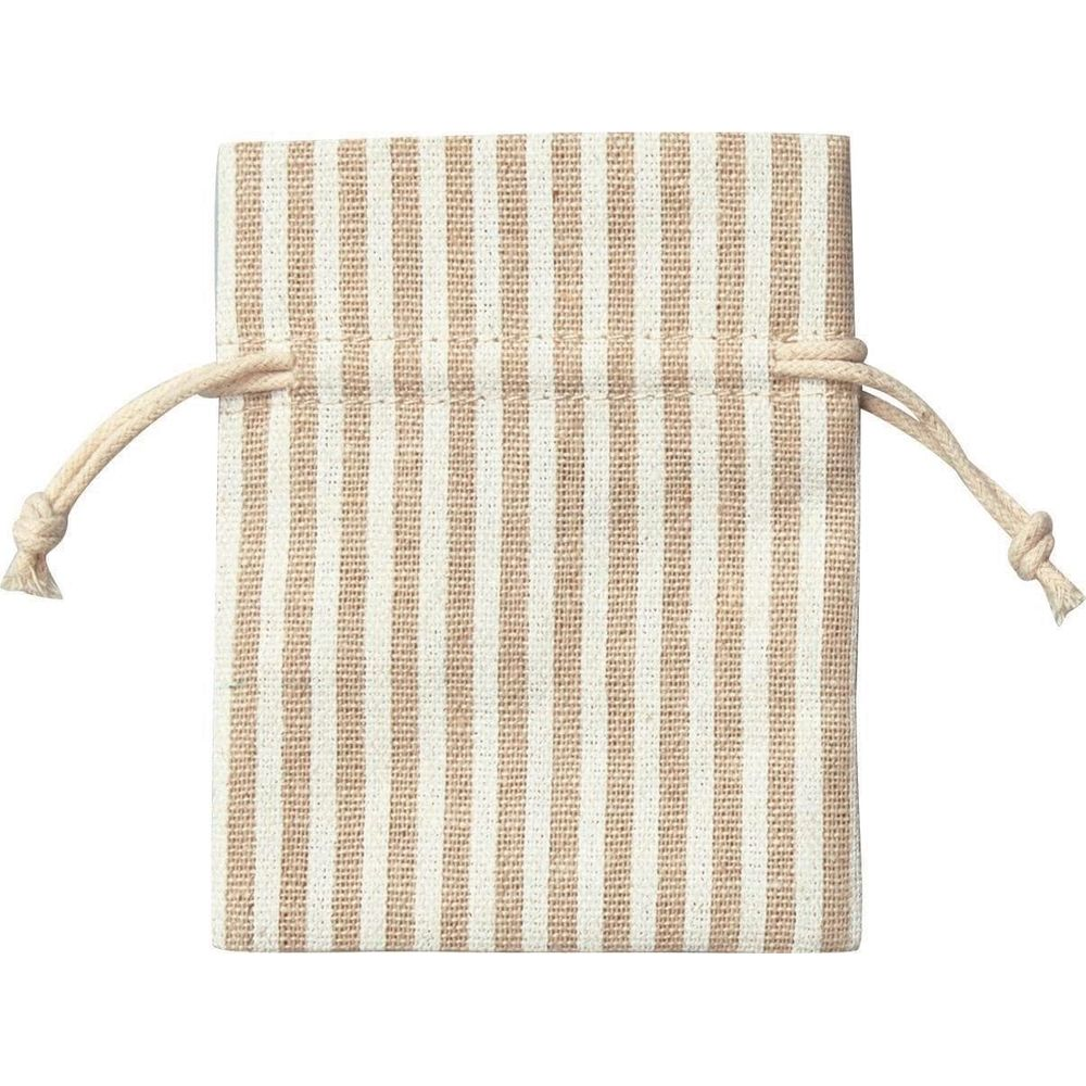 Mała lniana torba w pionowe beżowo-białe paski ze sznurkiem.