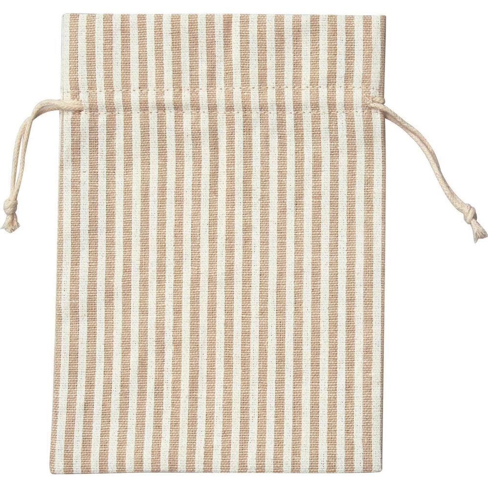 Beżowo-biała, pasiasta torba materiałowa ze sznurkiem.