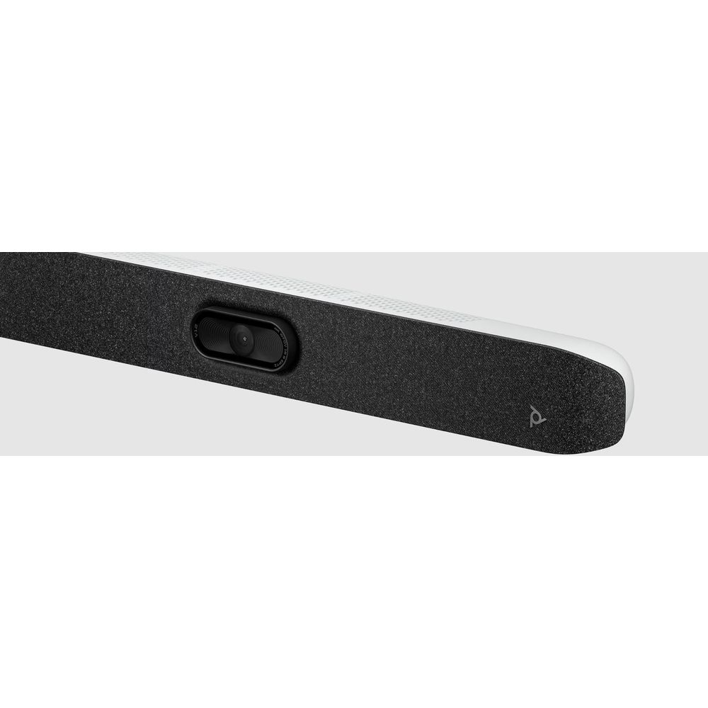 Soundbar nera con fotocamera e logo su sfondo bianco.