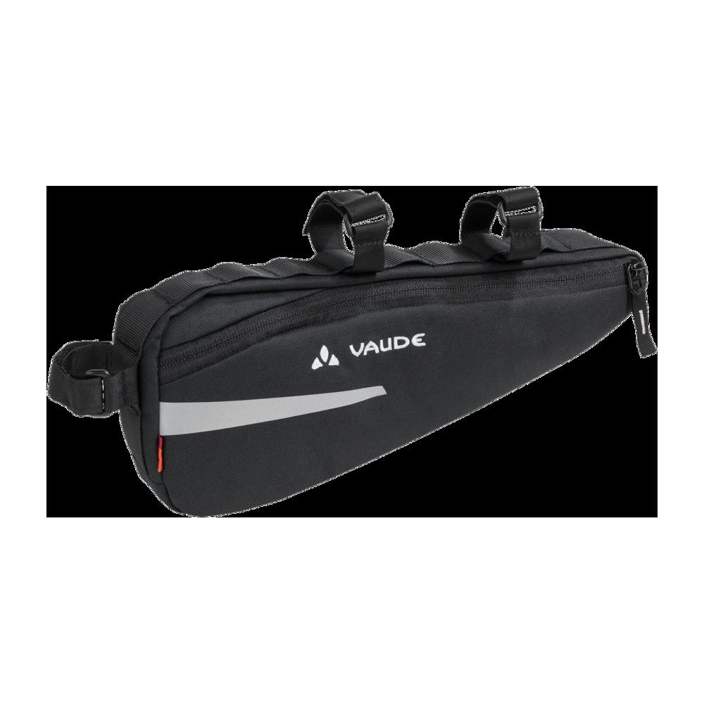 Czarna torba rowerowa Vaude z odblaskowym paskiem i pętlami.