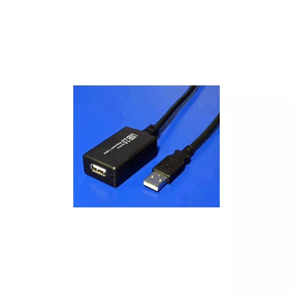 Schwarzes USB 2.0 Repeater-Kabel mit Buchse und Stecker auf blauem Hintergrund.
