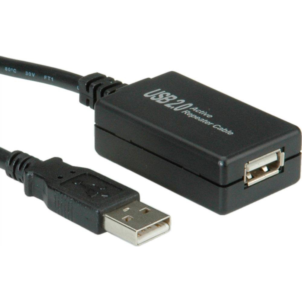 Ein schwarzes USB 2.0 Repeater-Kabel mit einem männlichen und einem weiblichen Ende.