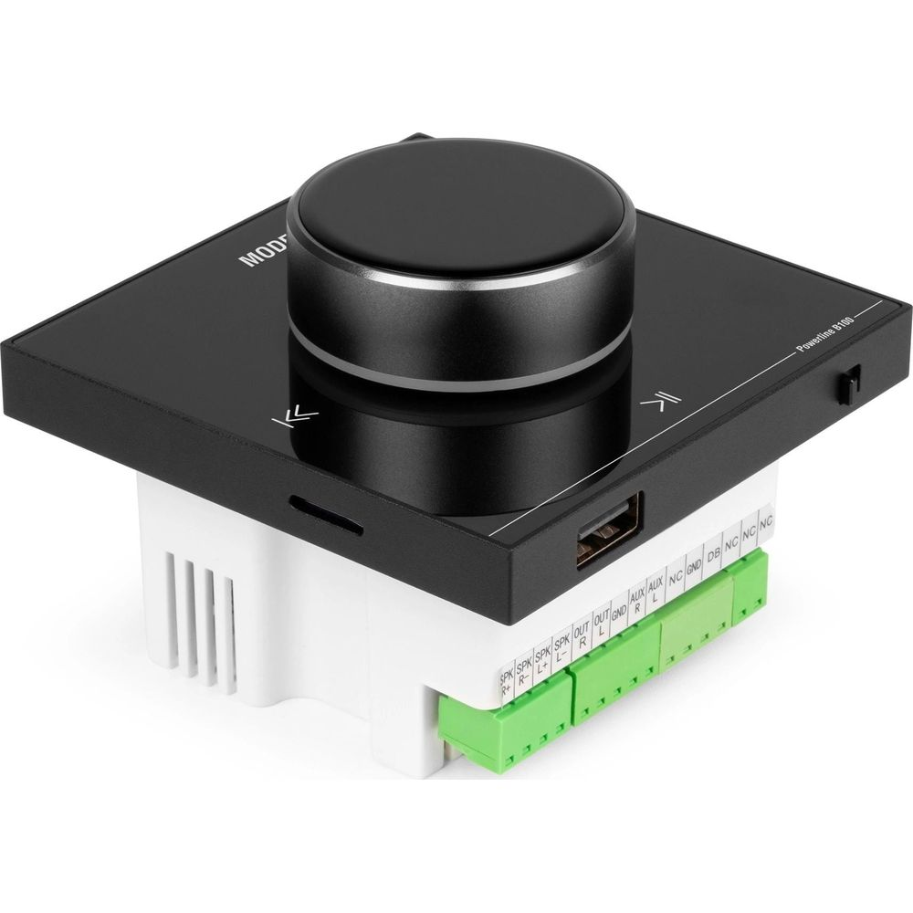 Perilla giratoria negra en un dispositivo con bloques de terminales y puerto USB.