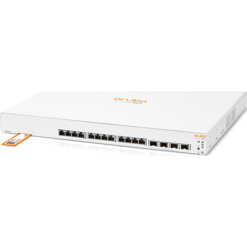 Biały przełącznik sieciowy Aruba Instant On z wieloma portami i pomarańczową etykietą.