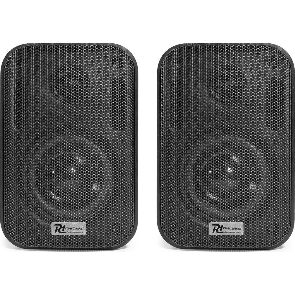 Dos altavoces negros uno al lado del otro, con rejilla y logo negros.