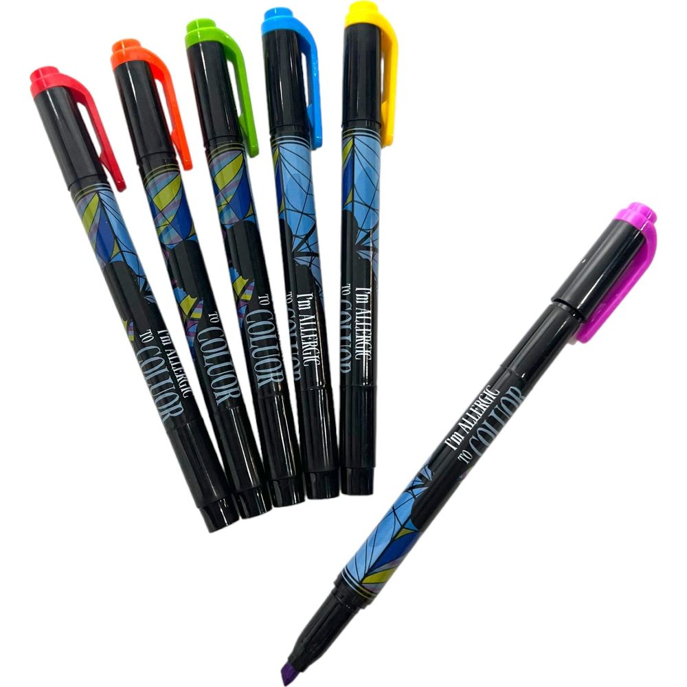 Sechs schwarze Marker mit bunten Kappen und geometrischem Muster.