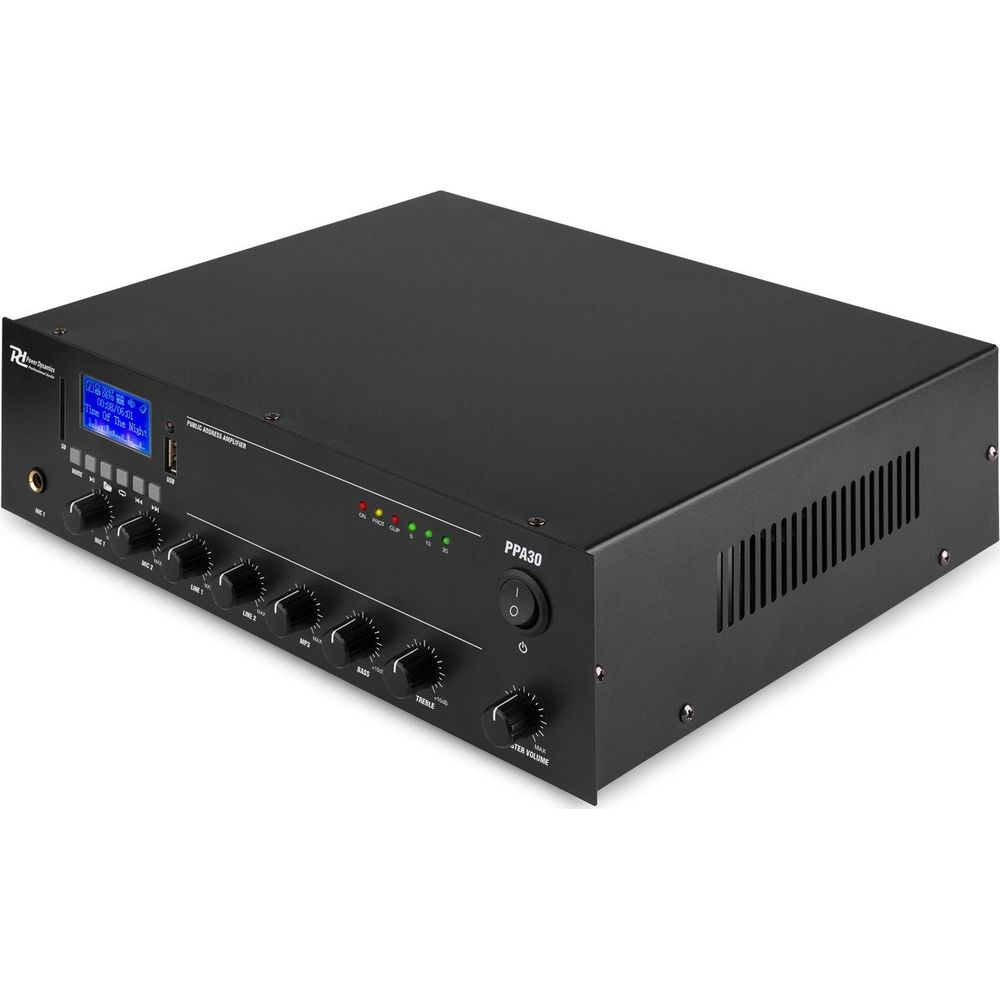 Amplificador negro con perillas, botones y pantalla LCD. Modelo PPA30.