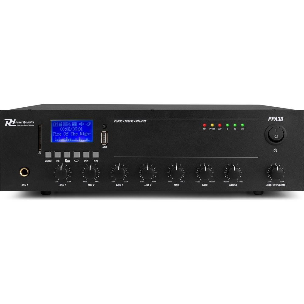 Un amplificador de megafonía negro con botones, pantalla y luces.