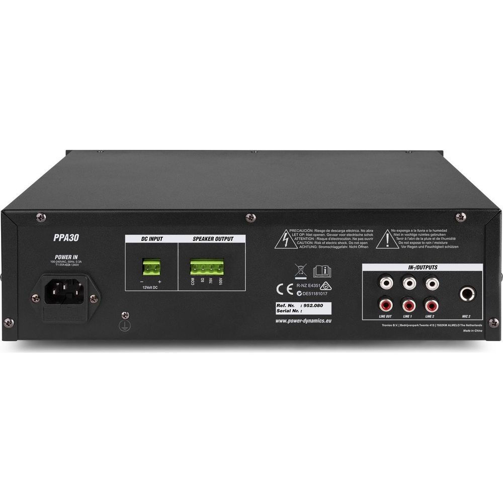 Dispositivo con puertos: Power In, DC In, Speaker Out, Line Out, Line 1, Line 2, Mic 2.
