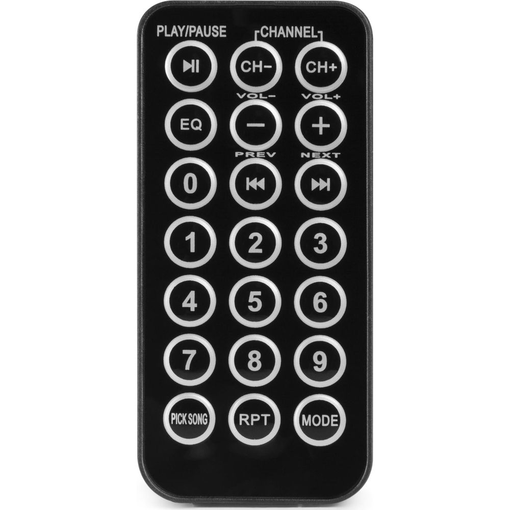 Mando a distancia negro con botones para reproducir, volumen y números.