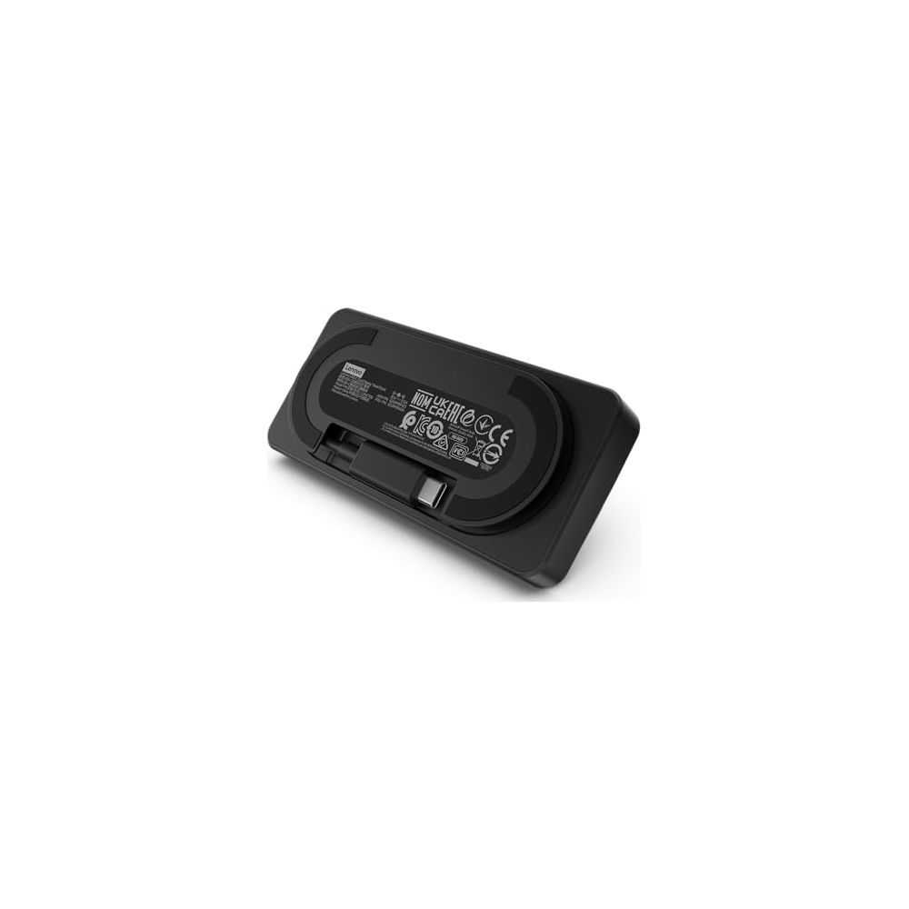 Black Lenovo charger with USB-C port and certification markings.