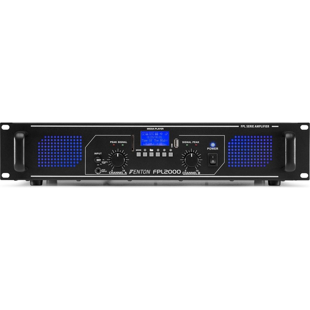 Un amplificador Fenton FPL2000 negro con paneles de rejilla LED azules y pantalla.
