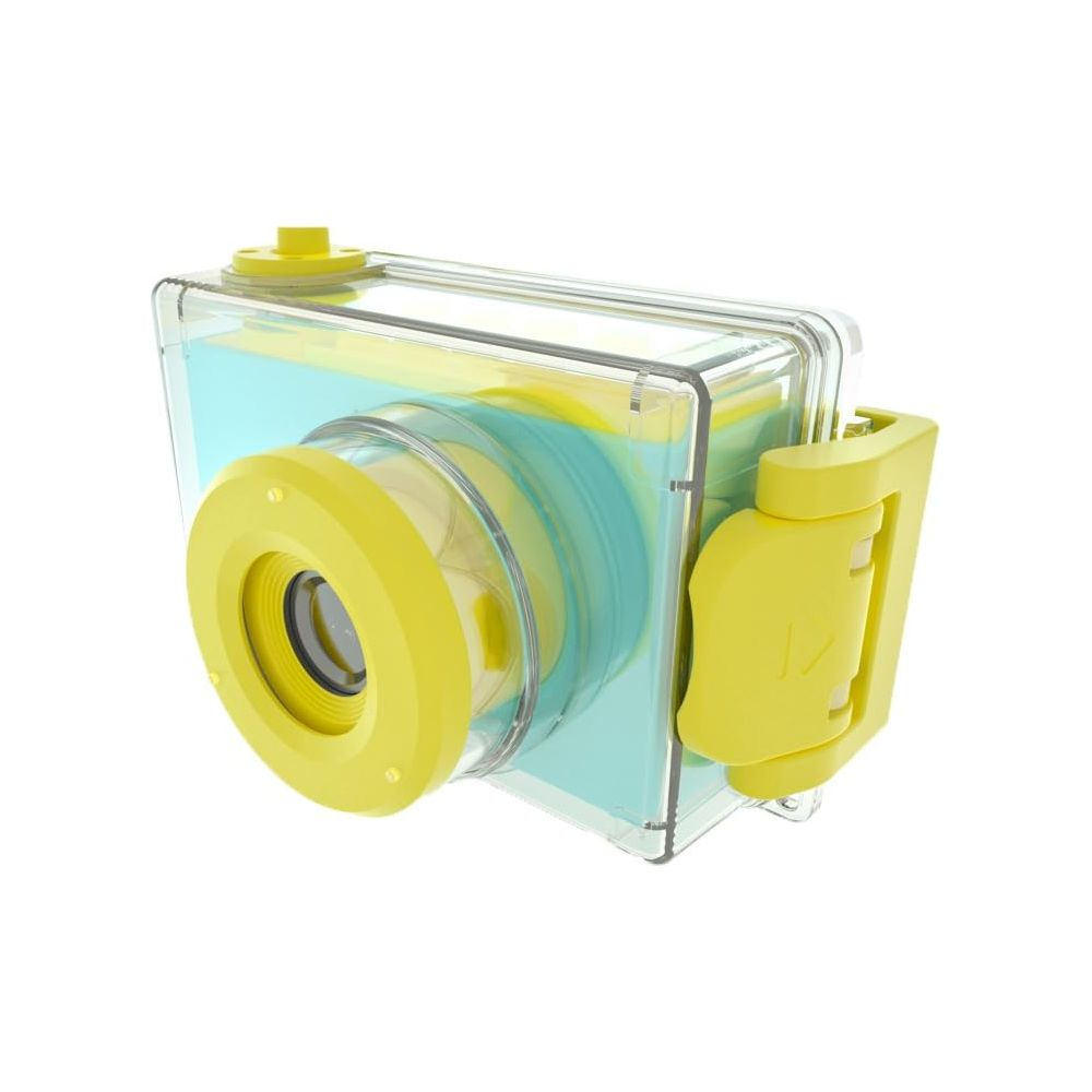 Transparante camera met gele en blauwe elementen.
