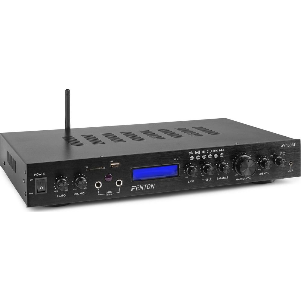 Amplificador Fenton AV-150BT negro con pantalla LCD azul, perillas y antena.