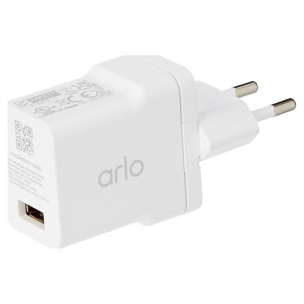 Weißer Arlo Netzadapter mit USB-Anschluss und Eurostecker.