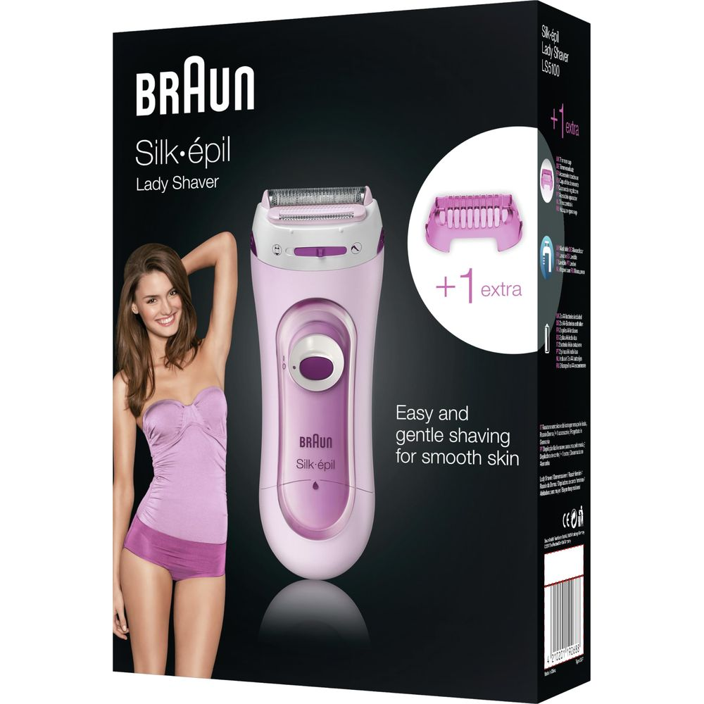Braun Lady Shaver: Model z kobietą, akcesoriami i tekstem.