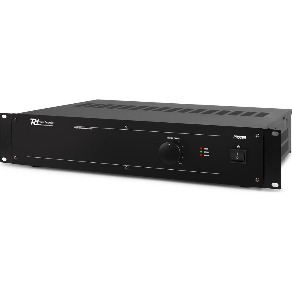 Schwarzer Verstärker mit Lautstärkeregler und LEDs.