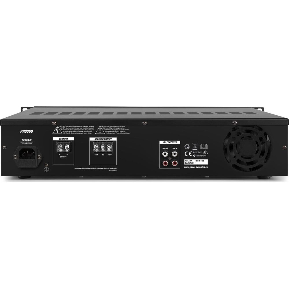 Rückseite eines schwarzen Verstärkers mit Anschlüssen: Power In, DC Input, Speaker Output, In/Outputs.