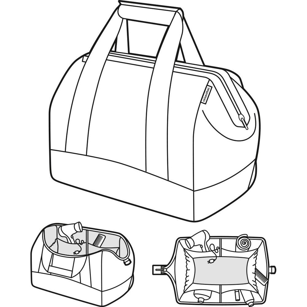 Una borsa con manici e cerniera, mostrata con due viste più piccole.