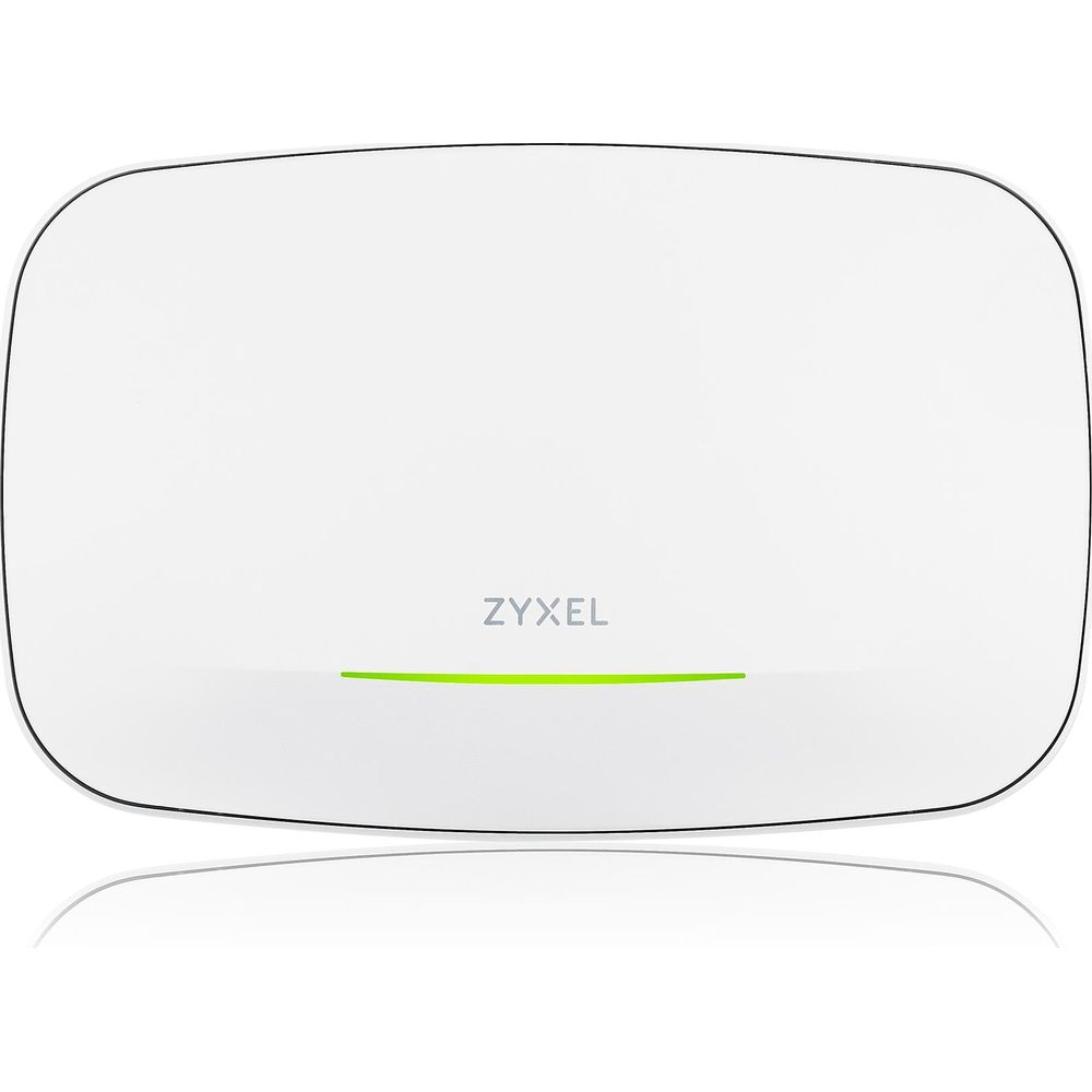 Biały router Zyxel z zielonym paskiem świetlnym z przodu.