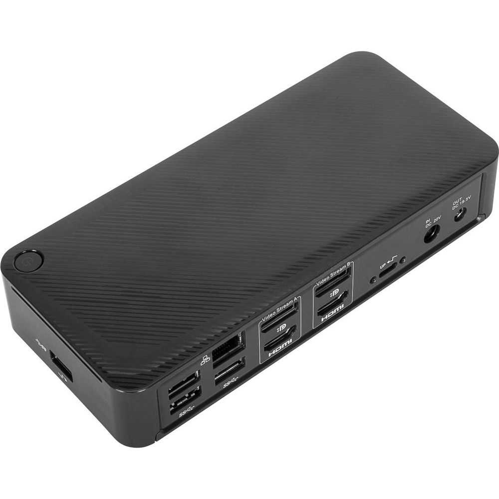 Schwarzes Gehäuse mit Anschlüssen: USB, HDMI, DC IN/OUT.