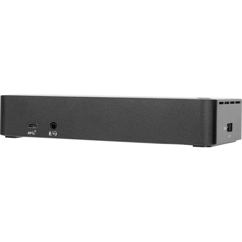 Schwarzes rechteckiges Gerät mit USB-C, Audiobuchse und Lüftungsschlitzen.