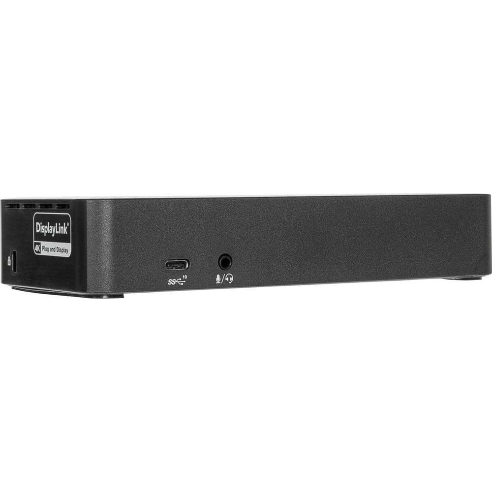 Ein schwarzes DisplayLink-Dock mit Anschlüssen.