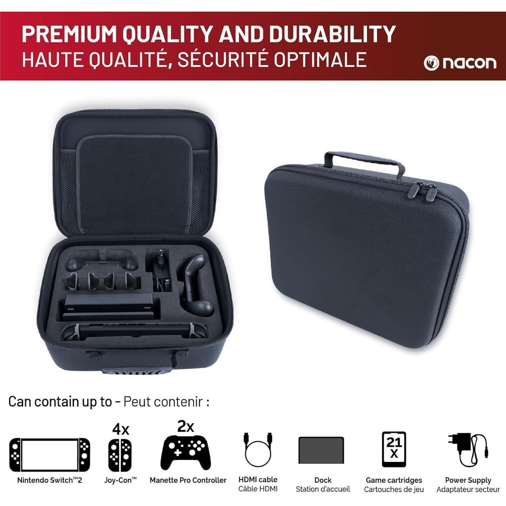 Un estuche negro para consola de juegos, abierto con accesorios y cerrado.